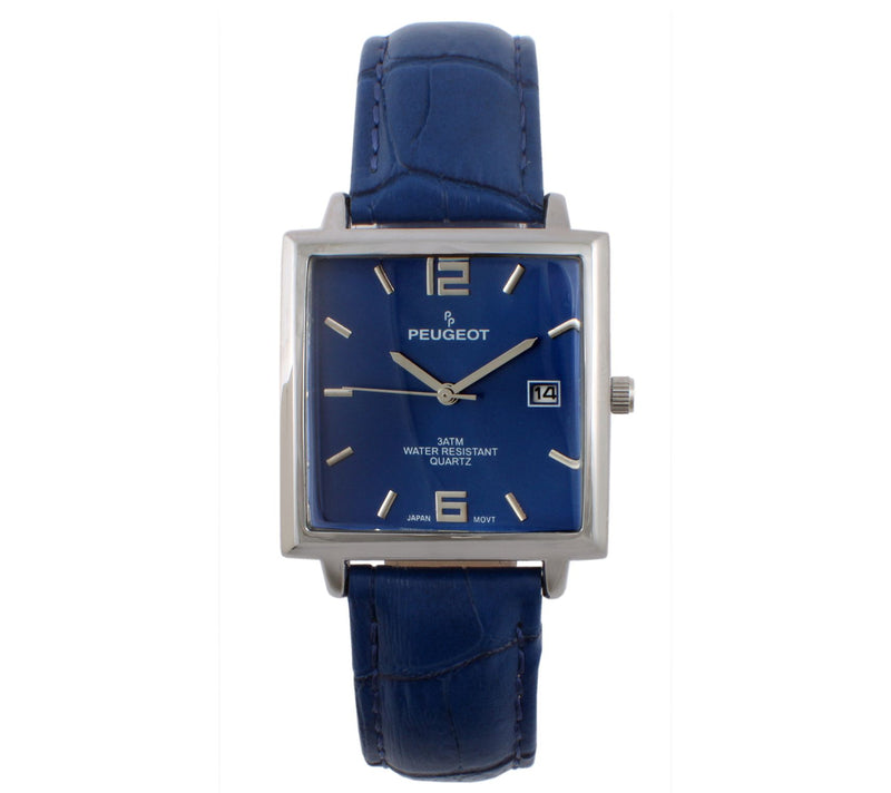 Peugeot Men's Stainless Rectangular Leather Strap Watch — View 3