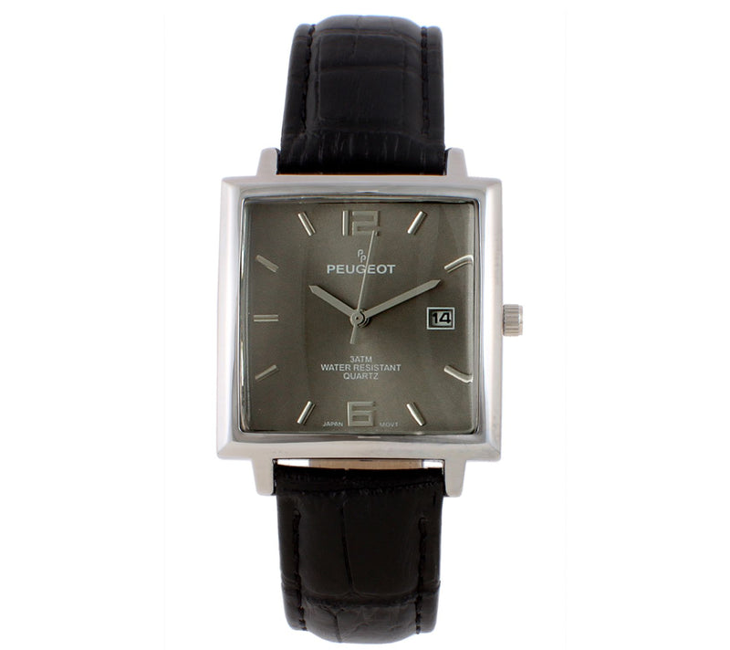 Peugeot Men's Stainless Rectangular Leather Strap Watch — View 5