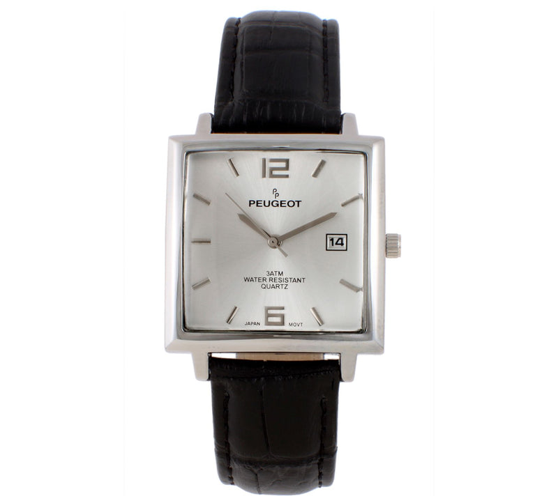 Peugeot Men's Stainless Rectangular Leather Strap Watch — View 7