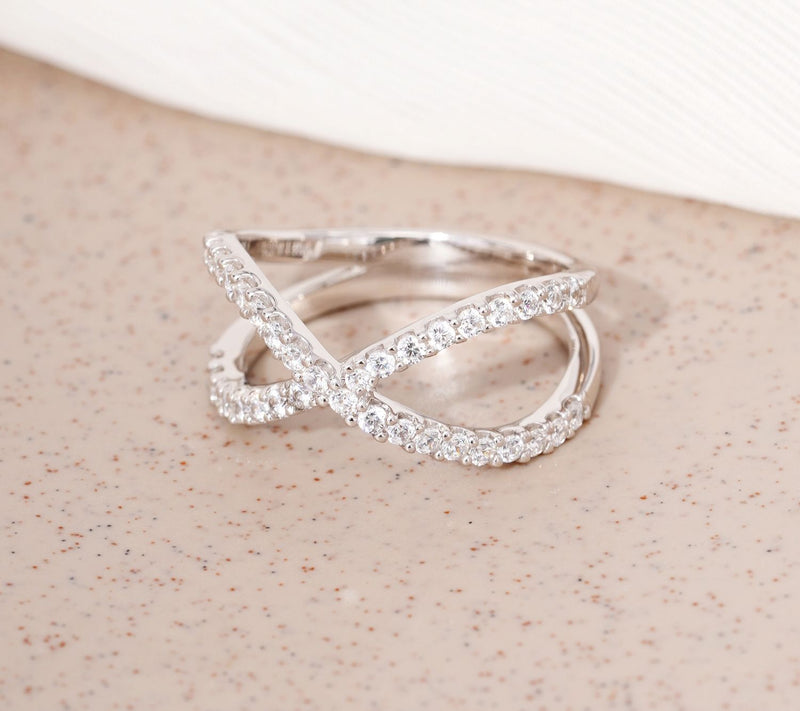 Diamonique Sterling Silver Double Cross Band Ring — View 5