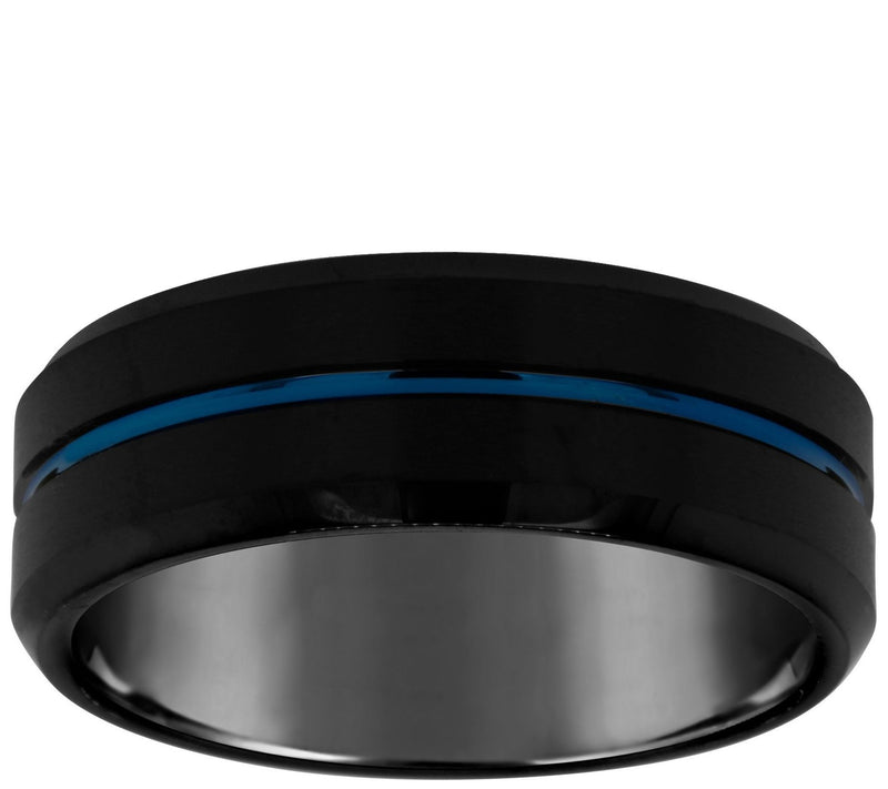 Men's Grooved 8mm Black & Blue Plated TungstenWedding Band — Main view