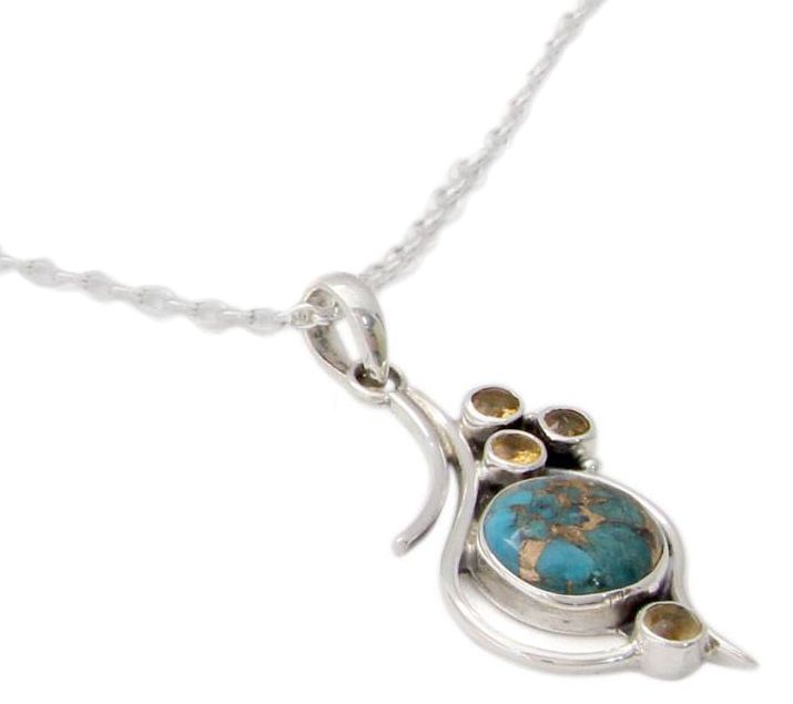 Novica Artisan Crafted Turquoise and Citrine Pendant w/ Chain — View 2