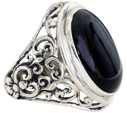Novica Artisan Crafted Sterling Onyx Floral S croll Ring