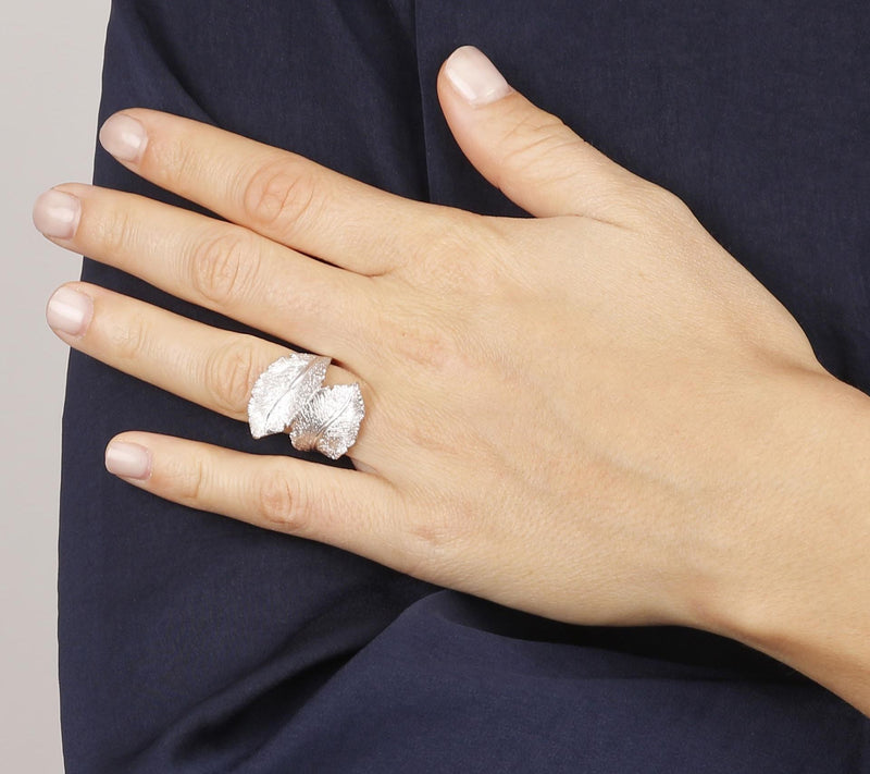 Italian Silver Diamond-Cut Double Leaf Design Ring — View 8