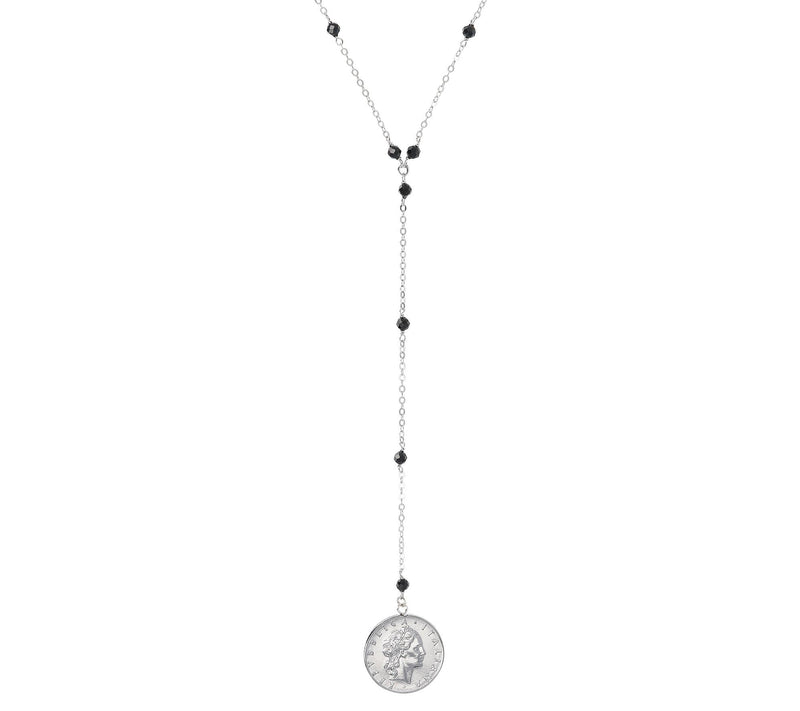 Italian Silver 50 Lire Coin Black Spinel Lar iat Necklace — Main view