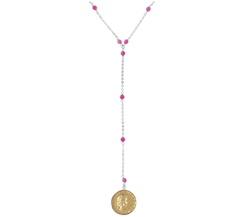 Italian Silver 200 Lire Coin Pendant Gemstone L ariat Necklace — View 3