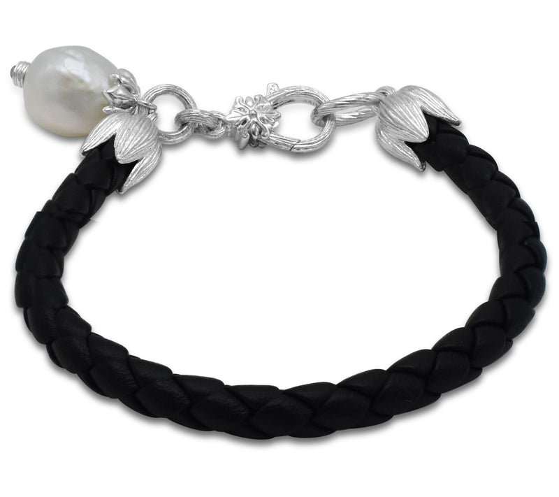 Ariva Sterling Silver Black Leather Cultured Pearl Bracelet — View 2