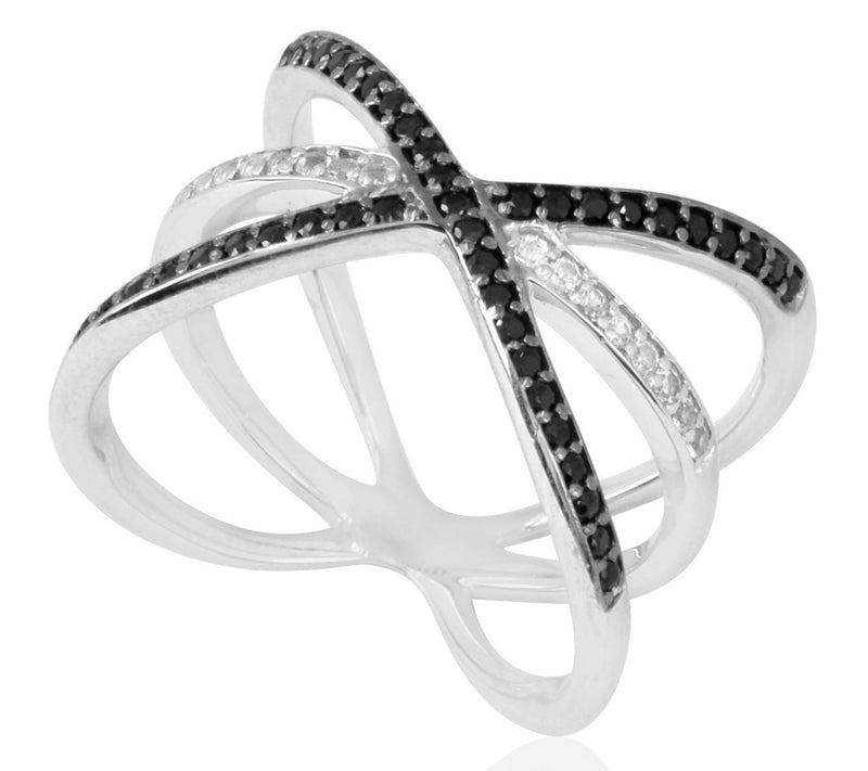 Sterling Silver Crisscross Black Spinel & White Topaz Ring — View 3