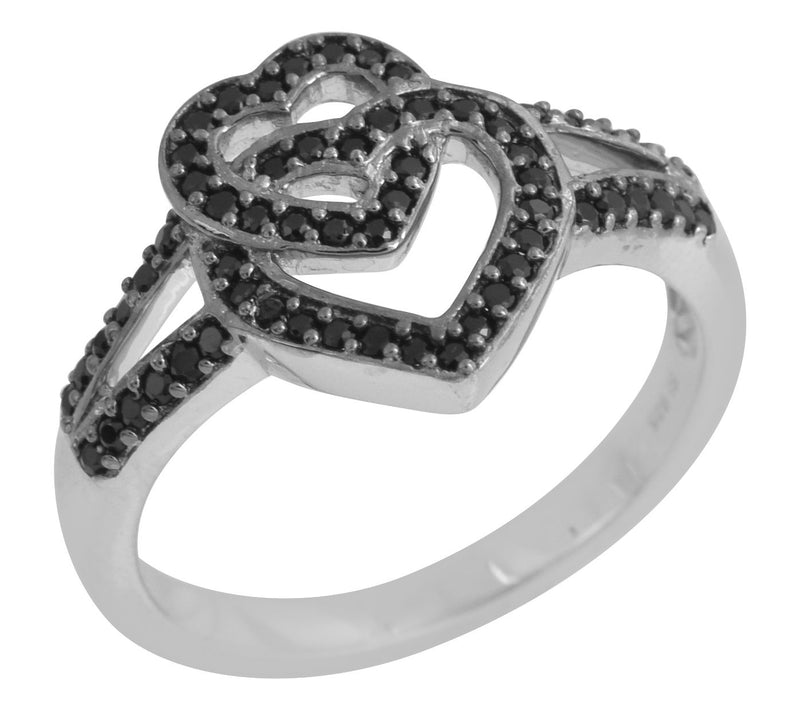 Sterling Silver Black Spinel Double Heart Ring — View 4