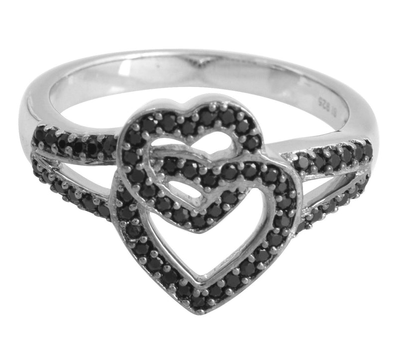 Sterling Silver Black Spinel Double Heart Ring — View 5