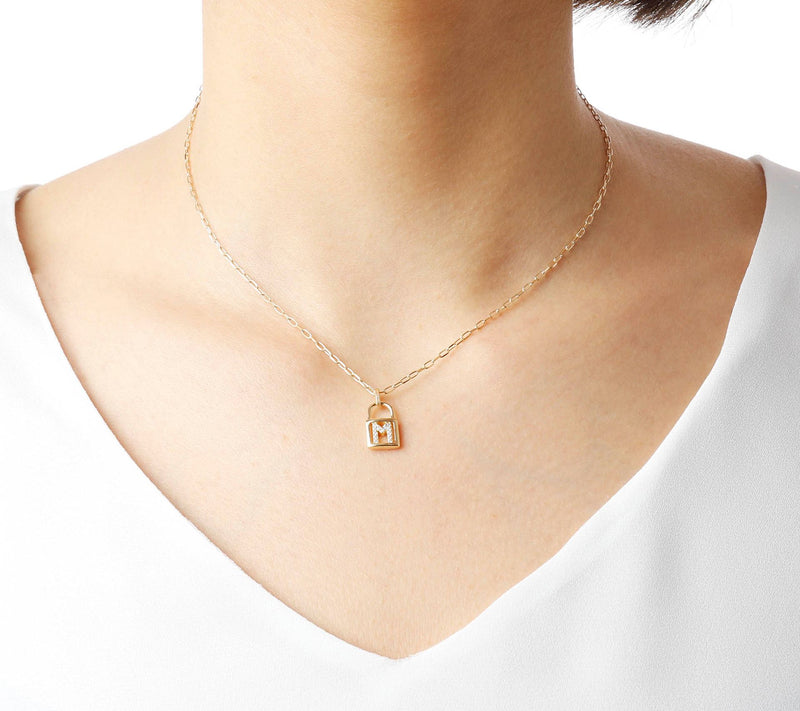 Diamonique Init ial Lock Pendan t w/ Paperclip Chain , 14K Cla — View 56