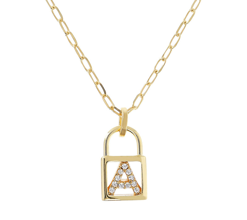Diamonique Init ial Lock Pendan t w/ Paperclip Chain , 14K Cla — View 3