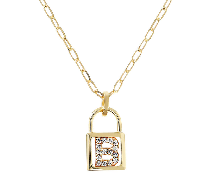 Diamonique Init ial Lock Pendan t w/ Paperclip Chain , 14K Cla — View 5