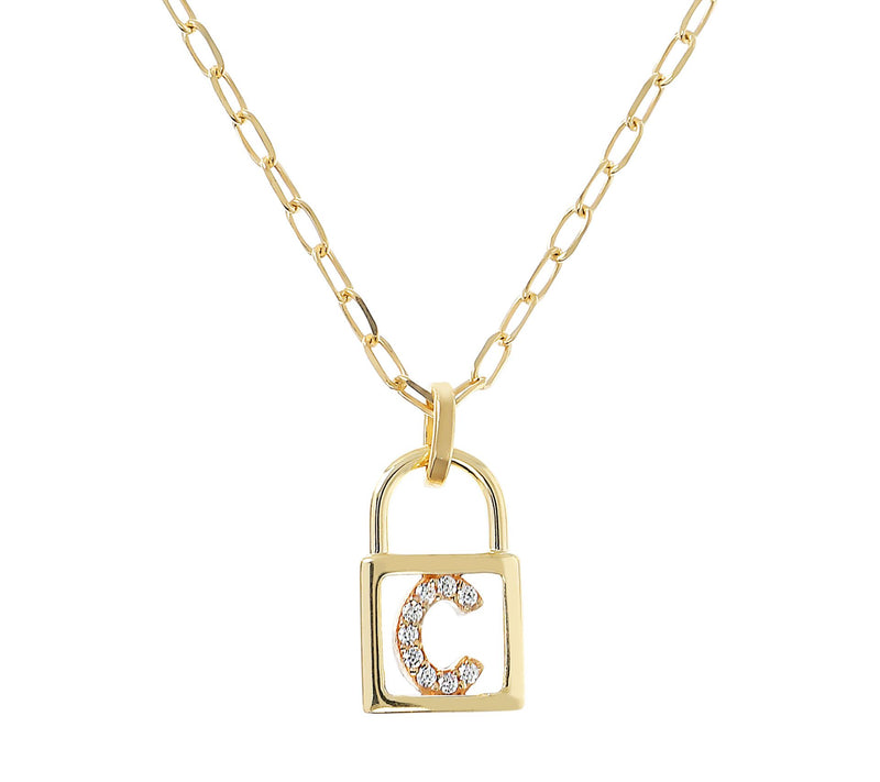 Diamonique Init ial Lock Pendan t w/ Paperclip Chain , 14K Cla — View 7