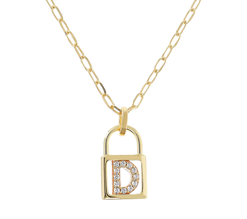 Diamonique Init ial Lock Pendan t w/ Paperclip Chain , 14K Cla — View 9