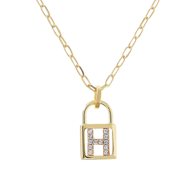 Diamonique Init ial Lock Pendan t w/ Paperclip Chain , 14K Cla — View 17