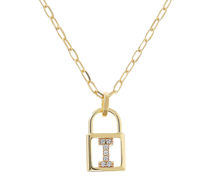 Diamonique Init ial Lock Pendan t w/ Paperclip Chain , 14K Cla — View 19