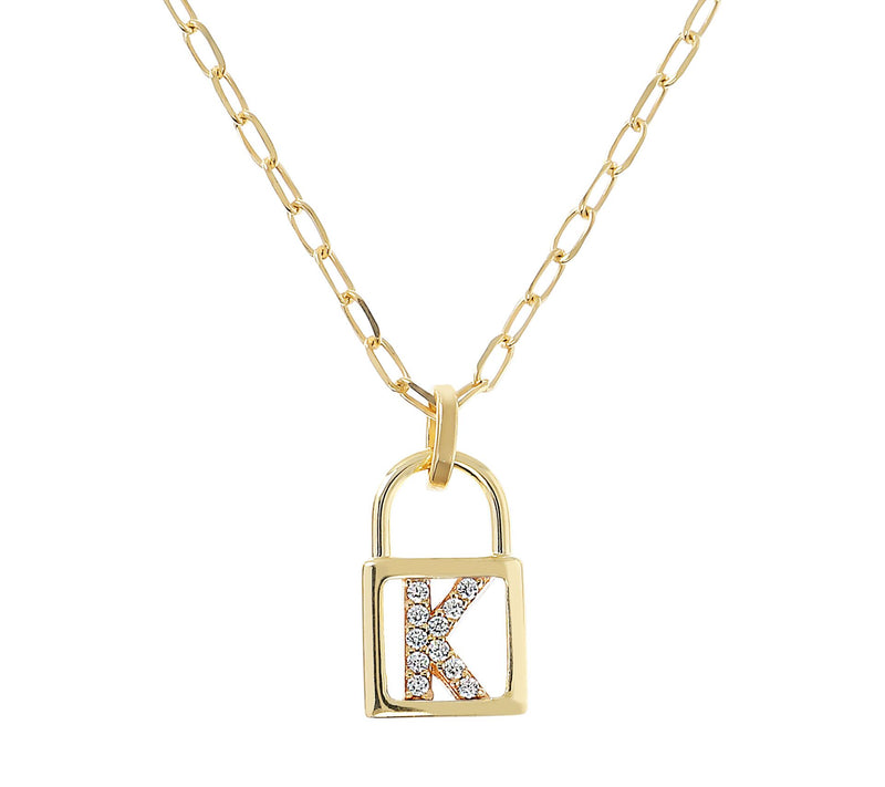 Diamonique Init ial Lock Pendan t w/ Paperclip Chain , 14K Cla — View 23