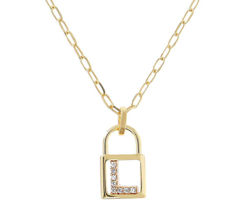 Diamonique Init ial Lock Pendan t w/ Paperclip Chain , 14K Cla — View 25