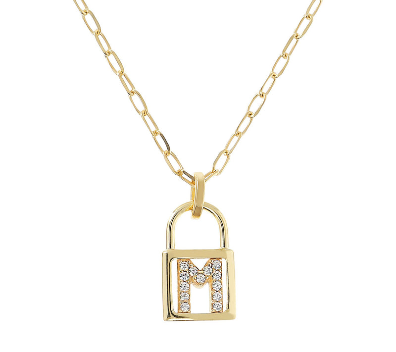 Diamonique Init ial Lock Pendan t w/ Paperclip Chain , 14K Cla — View 27