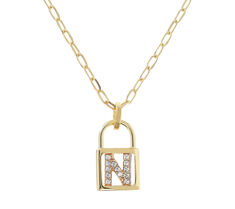 Diamonique Init ial Lock Pendan t w/ Paperclip Chain , 14K Cla — View 29