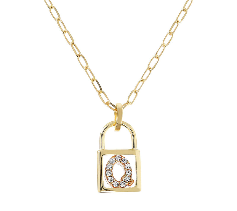 Diamonique Init ial Lock Pendan t w/ Paperclip Chain , 14K Cla — View 35