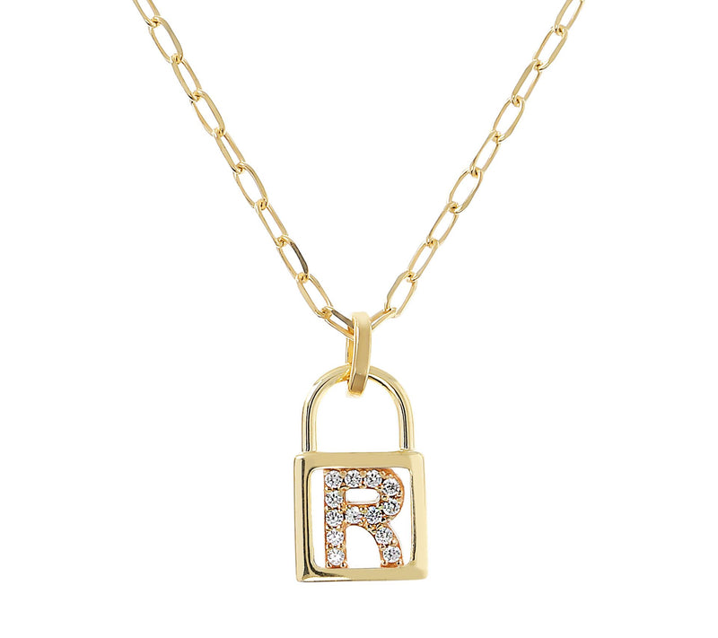 Diamonique Init ial Lock Pendan t w/ Paperclip Chain , 14K Cla — View 37