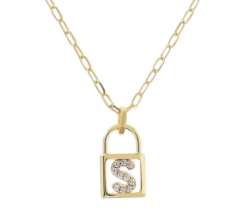 Diamonique Init ial Lock Pendan t w/ Paperclip Chain , 14K Cla — View 39
