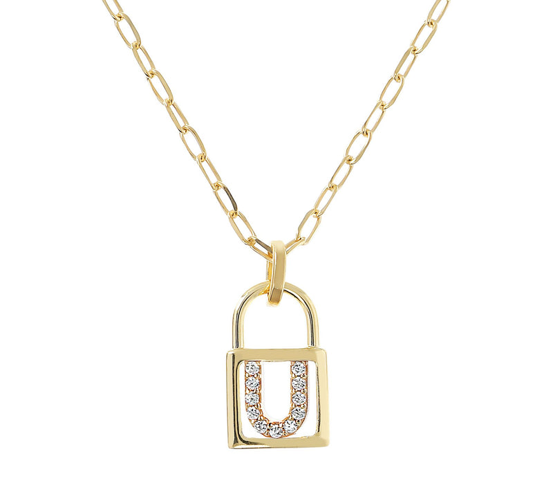 Diamonique Init ial Lock Pendan t w/ Paperclip Chain , 14K Cla — View 43