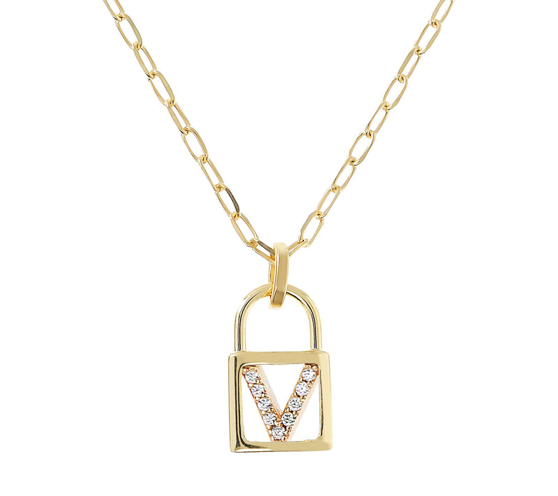Diamonique Init ial Lock Pendan t w/ Paperclip Chain , 14K Cla — View 45