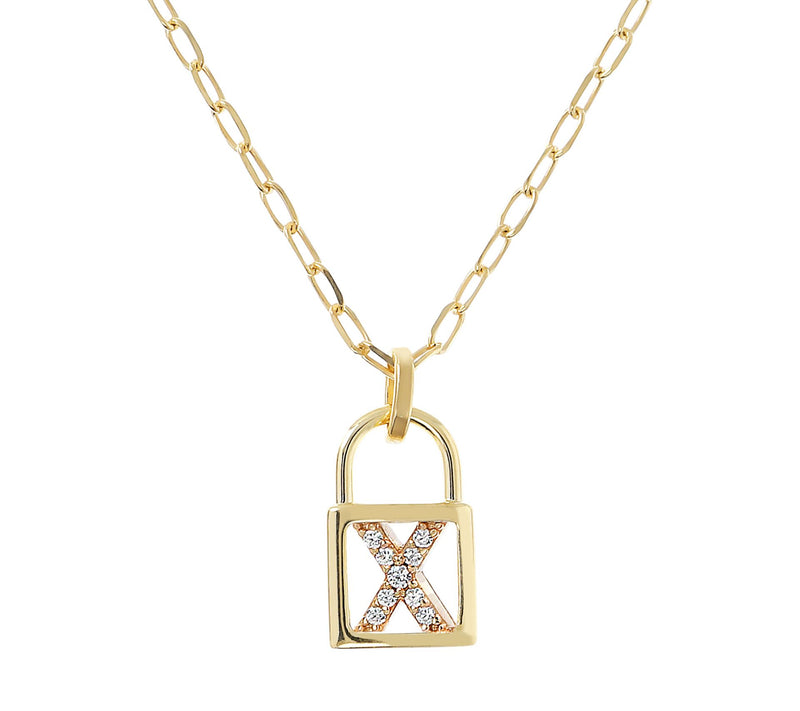 Diamonique Init ial Lock Pendan t w/ Paperclip Chain , 14K Cla — View 49