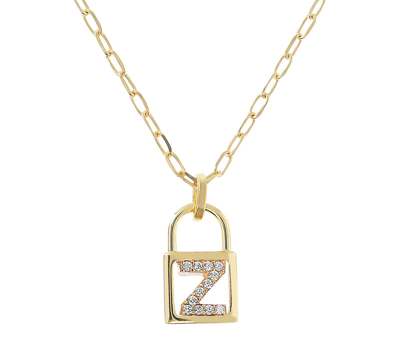 Diamonique Init ial Lock Pendan t w/ Paperclip Chain , 14K Cla — View 53