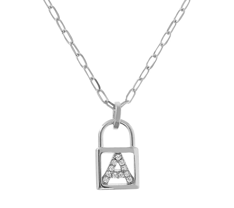 Diamonique Initial Lock Pendant w/ Paperclip Ch ain, Sterling — View 3