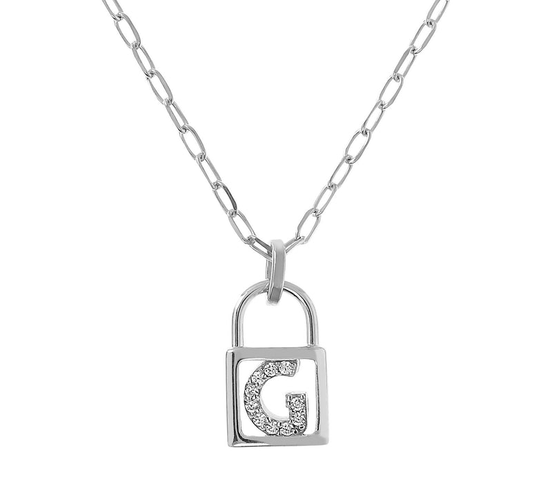 Diamonique Initial Lock Pendant w/ Paperclip Ch ain, Sterling — View 15