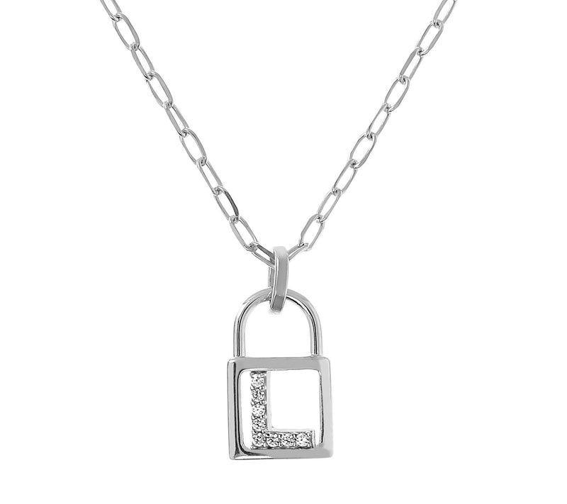 Diamonique Initial Lock Pendant w/ Paperclip Ch ain, Sterling — View 25