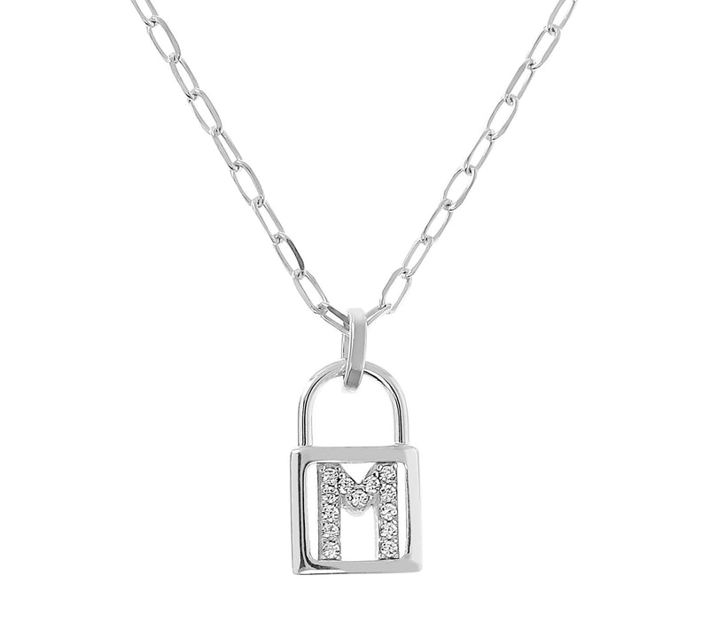 Diamonique Initial Lock Pendant w/ Paperclip Ch ain, Sterling — View 27