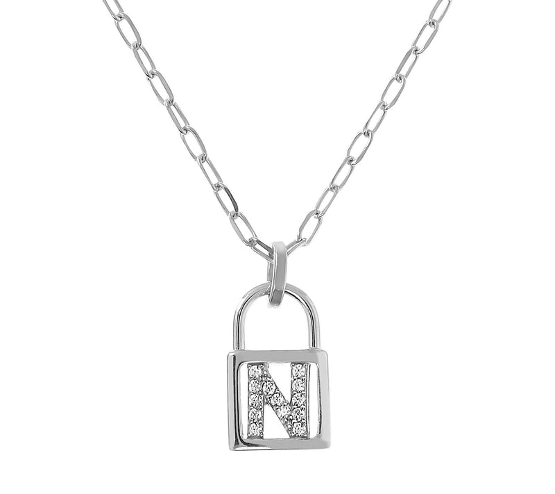 Diamonique Initial Lock Pendant w/ Paperclip Ch ain, Sterling — View 29