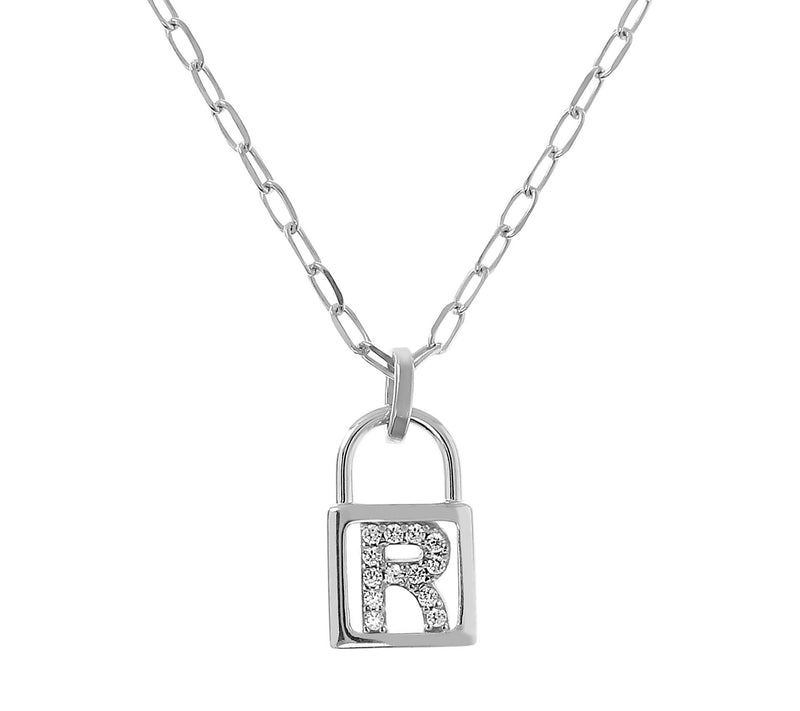 Diamonique Initial Lock Pendant w/ Paperclip Ch ain, Sterling — View 37