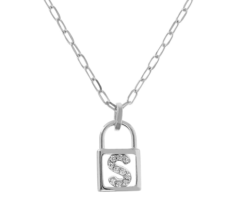Diamonique Initial Lock Pendant w/ Paperclip Ch ain, Sterling — View 39