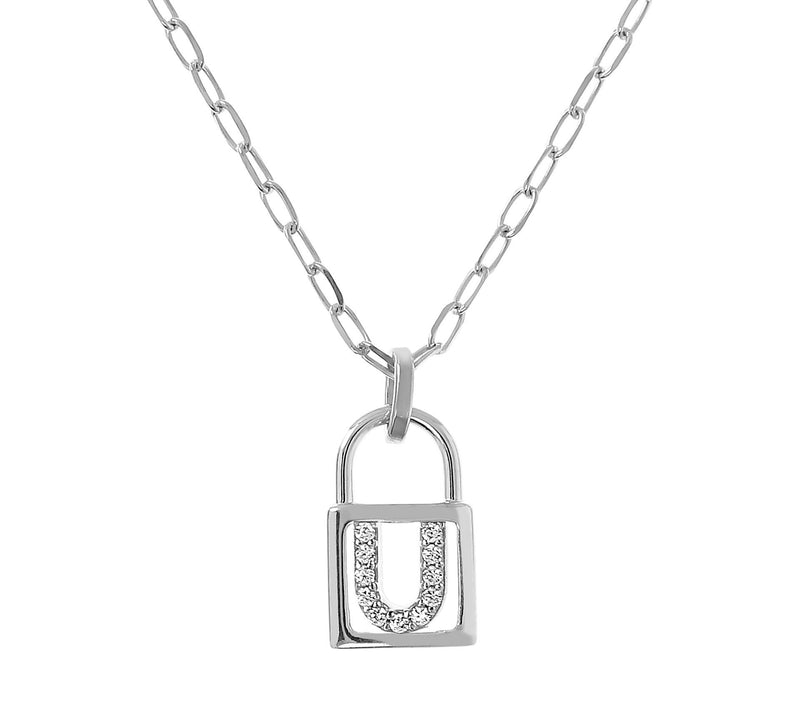 Diamonique Initial Lock Pendant w/ Paperclip Ch ain, Sterling — View 43