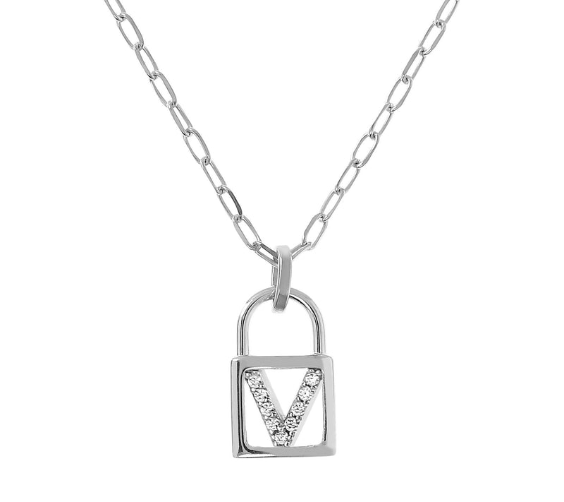 Diamonique Initial Lock Pendant w/ Paperclip Ch ain, Sterling — View 45