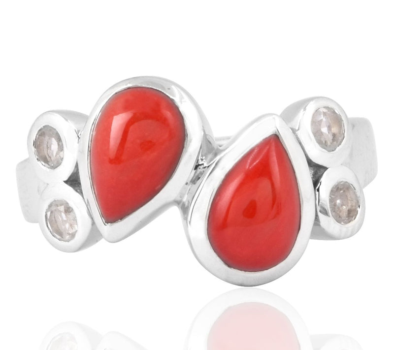 Sterling Silver Pear Shaped Red Coral & CrystalRing — View 5