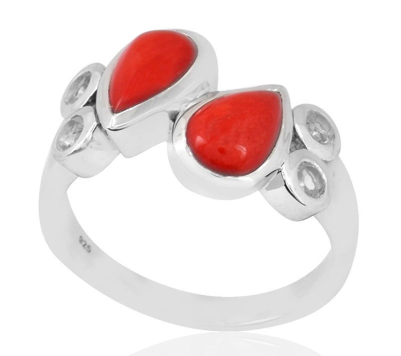 Sterling Silver Pear Shaped Red Coral & CrystalRing — Main view