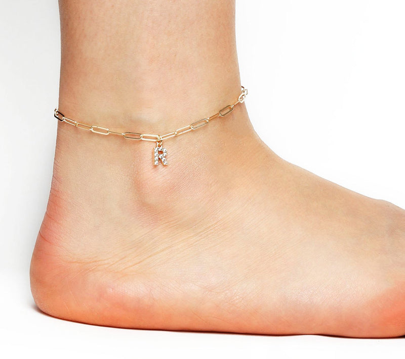 Diamonique Initial Paperclip Link Ankle Bracele t, 14K Clad — View 55