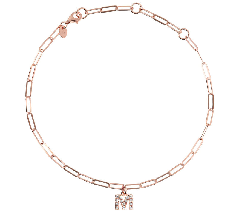 Diamonique Initial Paperclip Ankle Bracelet, 14 K Rose Clad — View 29