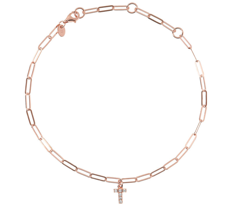 Diamonique Initial Paperclip Ankle Bracelet, 14 K Rose Clad — View 41