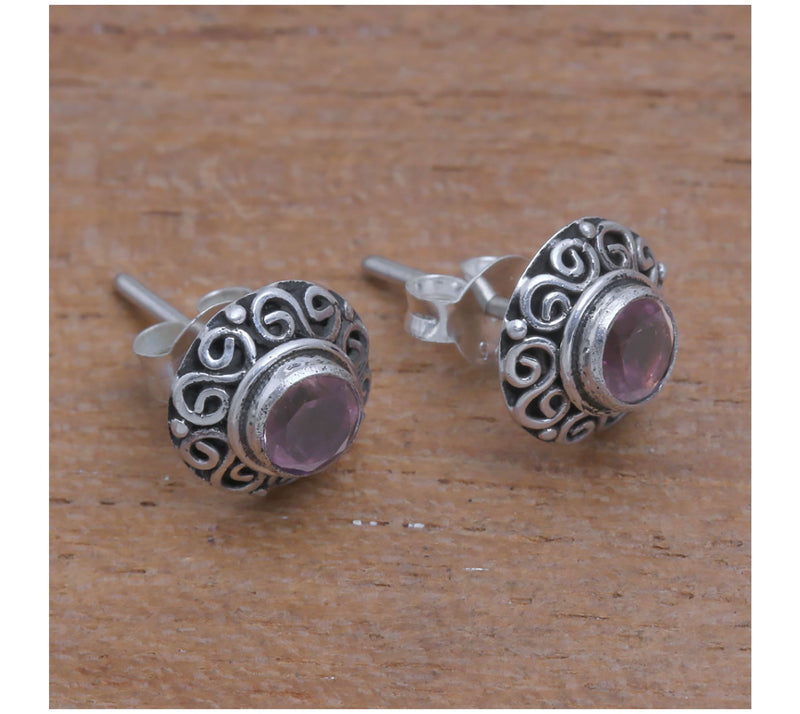 Novica Artisan Crafted Sterling Silver Amethys t Stud Earrings — View 4