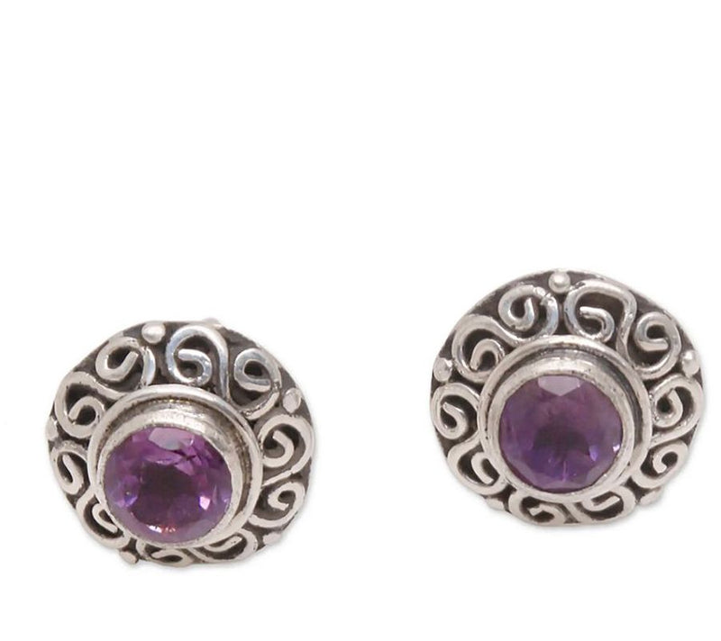 Novica Artisan Crafted Sterling Silver Amethys t Stud Earrings — Main view