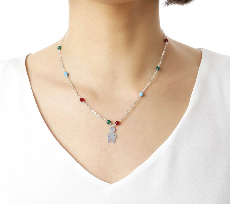 Italian Silver Child Motif Gemstone Station Necklace — View 3