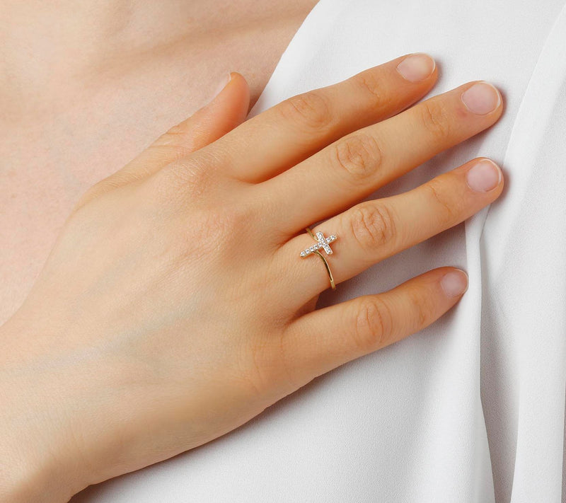 Diamonique Bypass Design Cross Ring, Sterling Silver — View 10